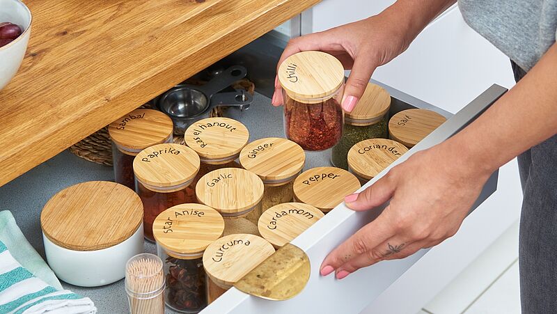 Beautifully labelled spice jars