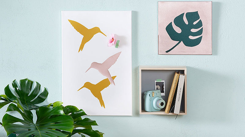DIY canvas wall art with hummingbird motif
